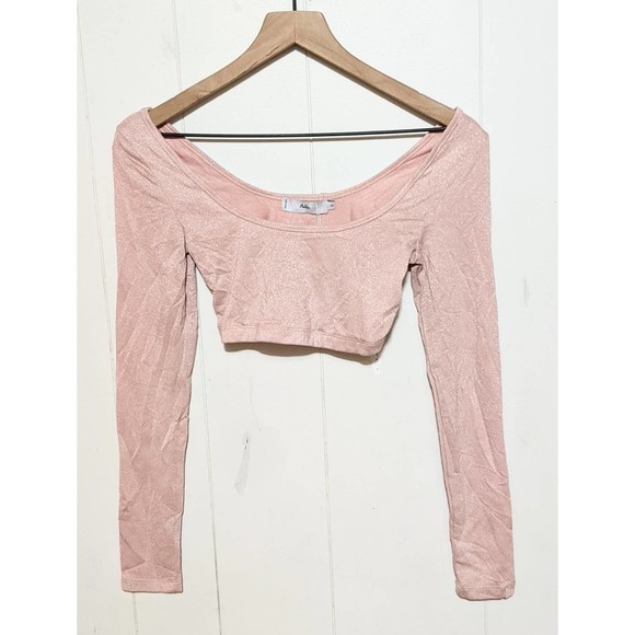Adika Womens Crop Top Size S Pink Long Sleeve Shimmer Boat Neck NWT Stretch - Picture 4 of 4